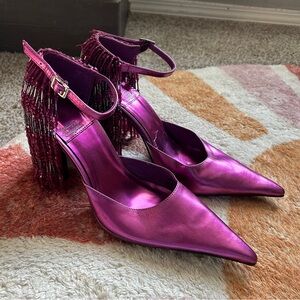 Jeffrey Campbell Show Stop Fuschia Purple Metallic Pumps with beaded fringe